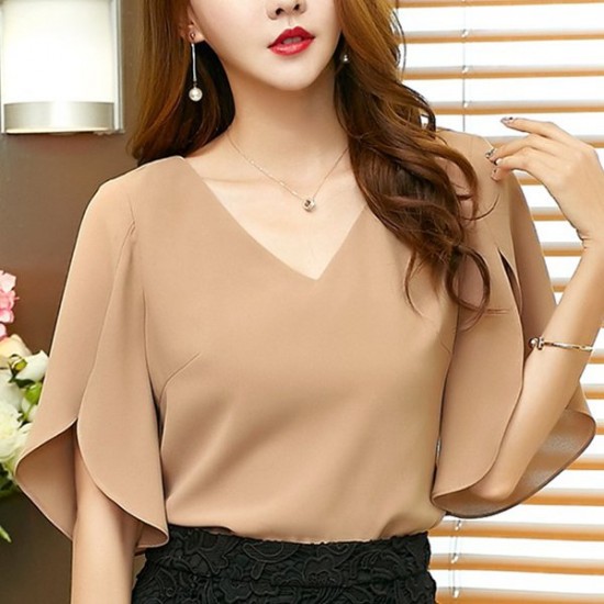 Sexy Loose Butterfly Sleeves V-neck Casual Shirt - Brown image