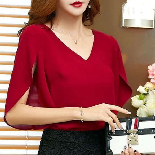 Women's Loose Butterfly Sleeves V-neck Casual Shirt 