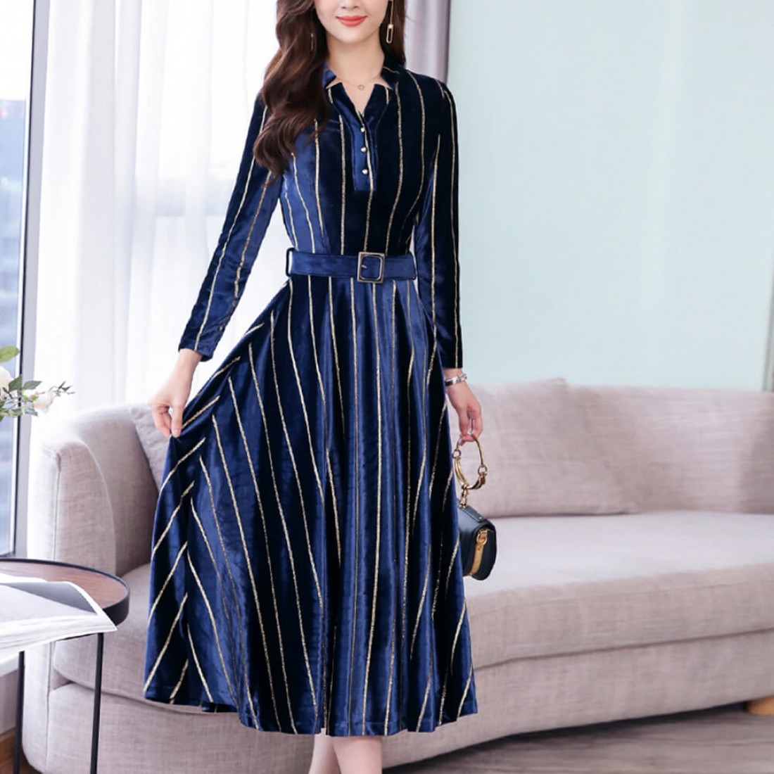 Buy Blue Velvet Gold Striped Vintage midi Dress - Blue | DressFair.com