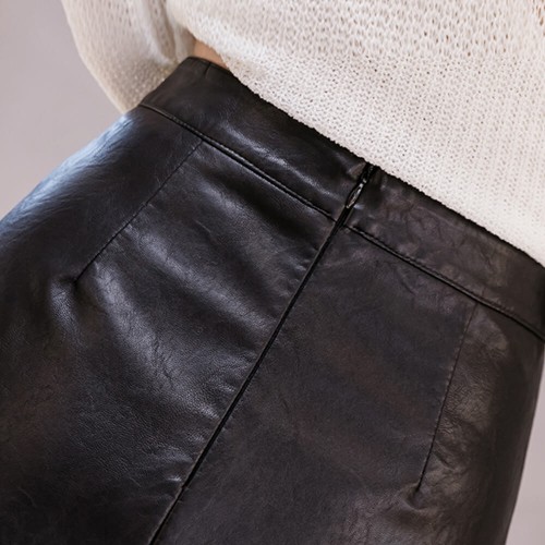 Rivet Beaded Women High Waist Leather Skirt - Black image