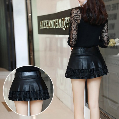 Faux Leather Multilayer Flare Lace Sexy Puff Skirt -Black image