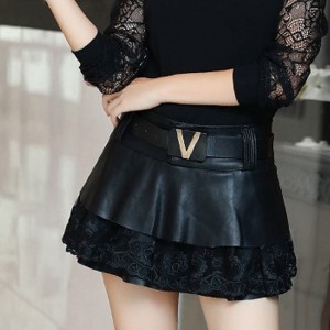 Faux Leather Multilayer Flare Lace Sexy Puff Skirt -Black