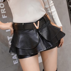 Multi-layer Ruffled V-belt Leather Mini Skirt - Black