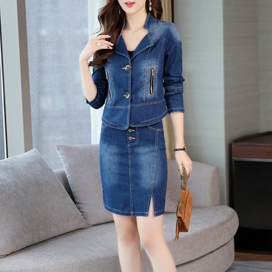 Denim Jacket with Skirt Two Piece Suit - Blue image