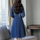 Long Sleeve Belt Button High Waist Denim Dress - Blue image