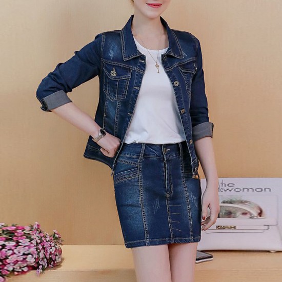 Ladies Denim Jacket And Skirt Two-Piece Package - Blue image