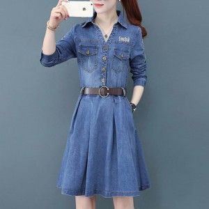 Front Pockets Long Sleeve Waist Belt Denim Dress - Blue