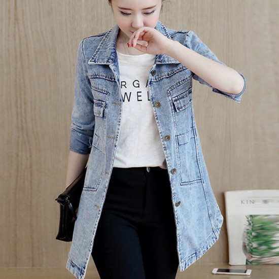 Mid Length Casual jeans Button Denim Jacket Top 