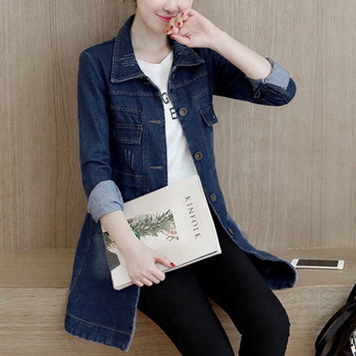 Mid Length Jeans Casual Button Denim Jacket Top