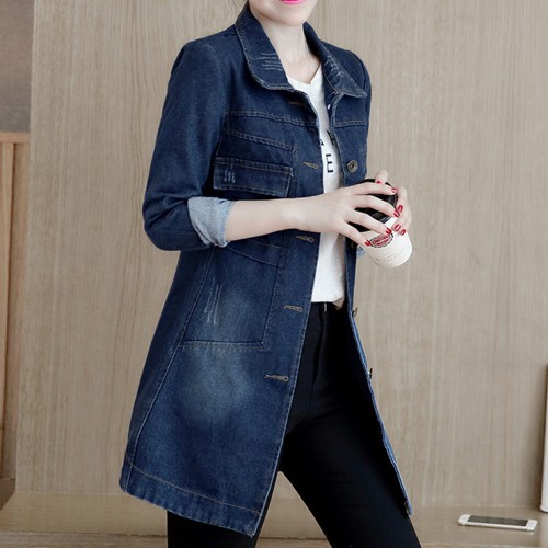 Mid Length Jeans Casual Button Denim Jacket Top