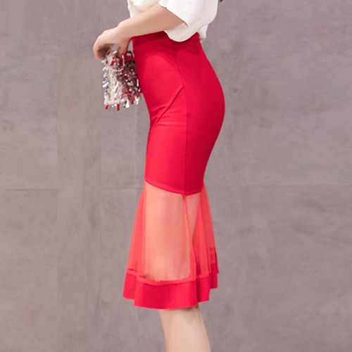 Fishtail Stretch Mesh Knee Length Mermaid Skirt - Red image