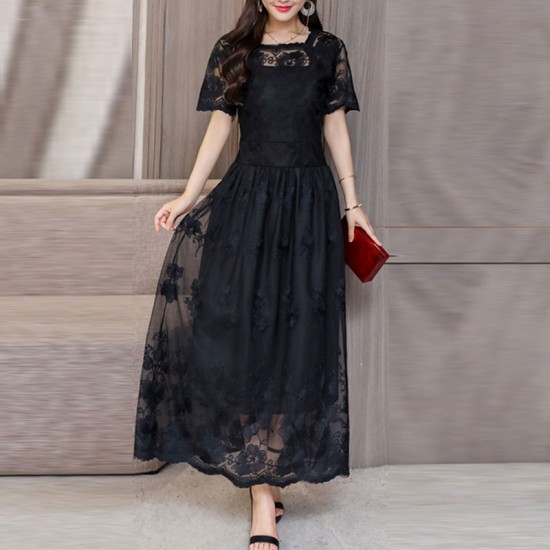 Vintage Short Sleeve Embroidery Maxi Dress - Black image