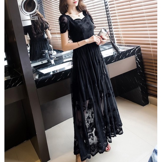 Vintage Short Sleeve Embroidery Maxi Dress - Black image