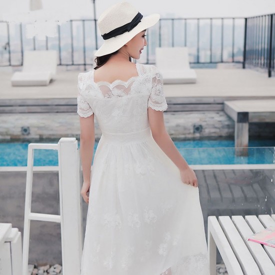 Vintage Short Sleeve Embroidery Maxi Dress - White image