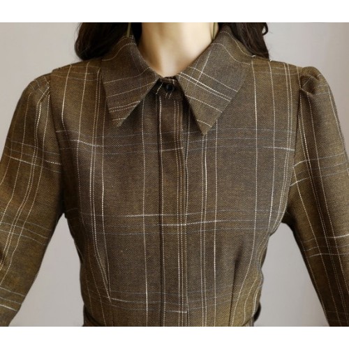 Collar Acetate Long Sleeve A-line Midi Dress - Brown image