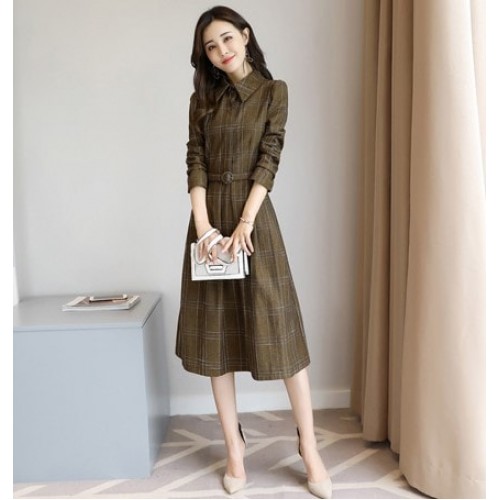 Collar Acetate Long Sleeve A-line Midi Dress - Brown image