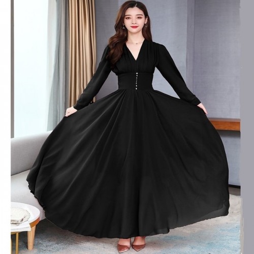 Thin Waist Chiffon Long-Sleeved Maxi Dress 