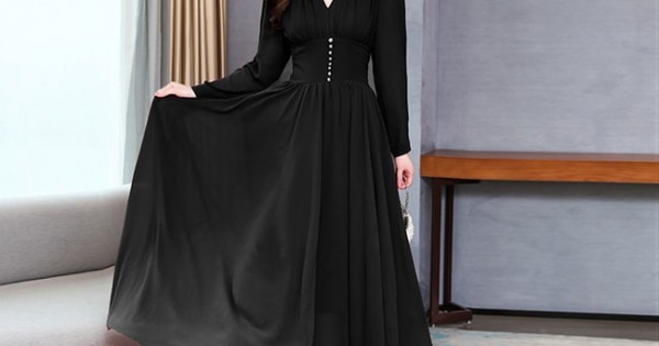 Buy Thin Waist Chiffon Long-Sleeved Maxi Dress