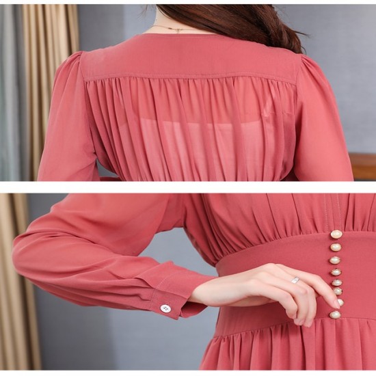 Thin Waist Chiffon Long-Sleeved Maxi Dress – Red image