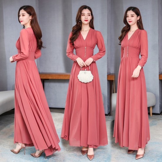 Thin Waist Chiffon Long-Sleeved Maxi Dress – Red image