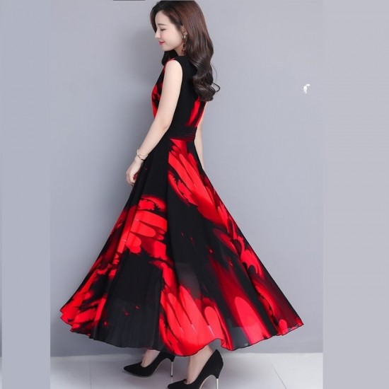 Bohemia Chiffon V-neck Floral Print Maxi Dress -Red image
