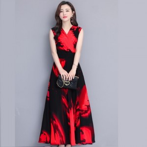 Bohemia Chiffon V-neck Floral Print Maxi Dress -Red