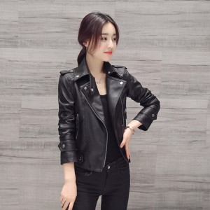 Body Fit Full Sleeves Collar Leather Jacket - Black