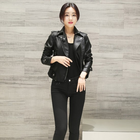 Fit Full Sleeves Collar Leather Jacket - Black image