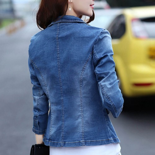 Women Notch Elegant 1 Button Denim Jacket - Blue image