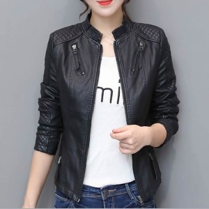 Long Sleeve Streetwear PU Leather Ladies Jacket - Black