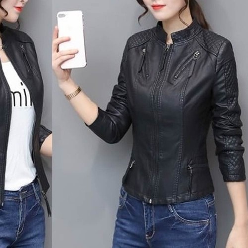 Long Sleeve Streetwear PU Leather Ladies Jacket - Black image