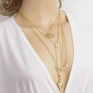 Women Fashion Multi Layered Necklace with Angle Wings-Golden