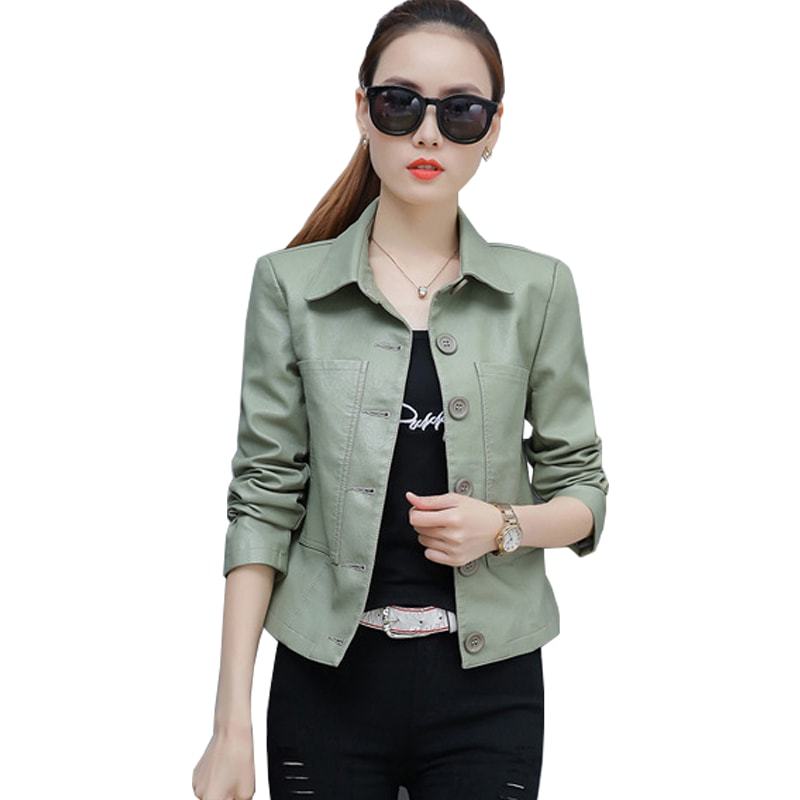 Button Design Faux Leather Trucker Jacket - Green image