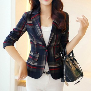 Red Green Plaided Slim Blazer Wome Jacket - Red