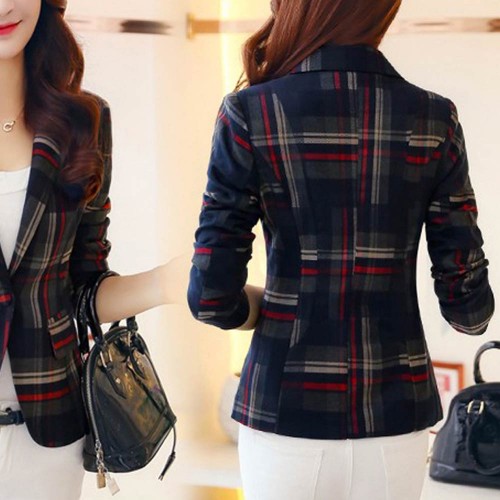 Red Green Plaided Slim Blazer Wome Jacket - Red image
