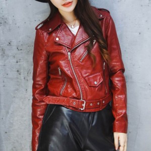 Elegent Bright Color Casual PU Leather Jacket - Red
