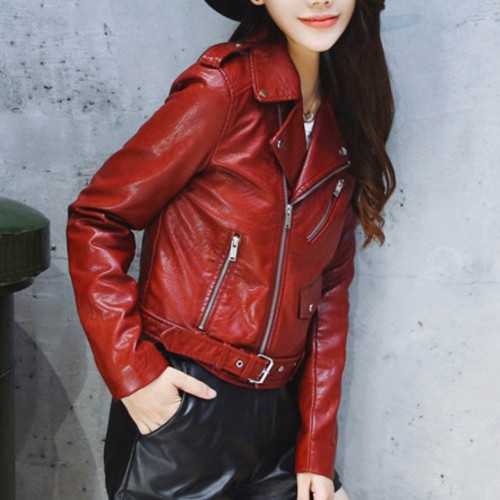 Elegent Bright Color Casual PU Leather Jacket - Red image