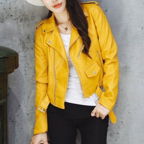 Elegent Bright Color Casual PU Leather Jacket - Yellow image