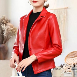 Lapel Notched One Button Leather Ladies Jacket - Red