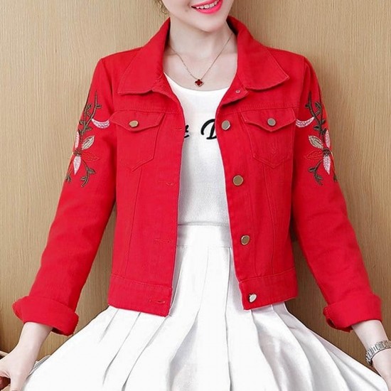 Floral Embroidery Casual Vintage Jeans Jacket - Red image