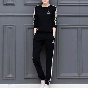 Stripe Contrast 2Pcs Sweater Pants Track Suit -Black
