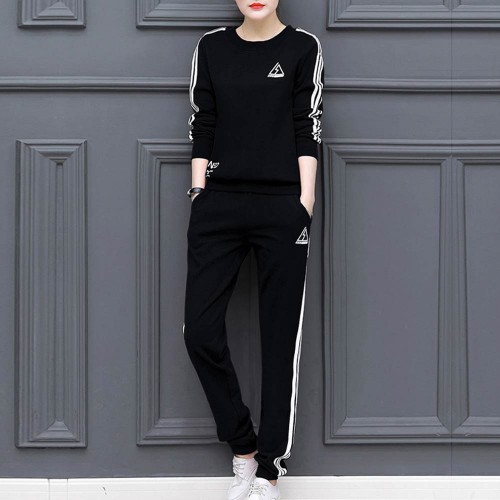 Stripe Contrast 2Pcs Sweater Pants Track Suit -Black image