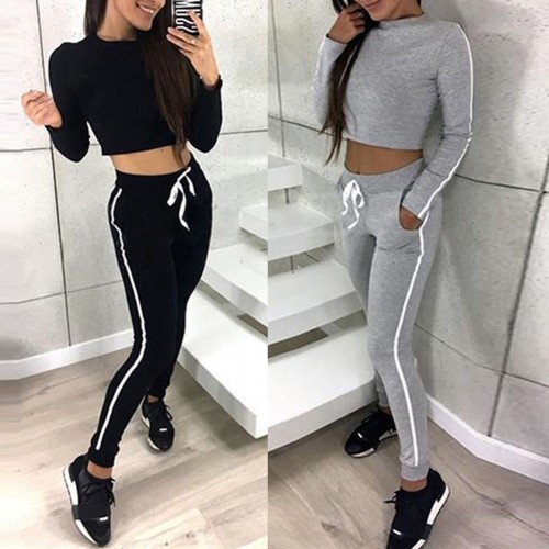 Long Sleeve Striped Pants Trousers Jogging Suit - Grey image