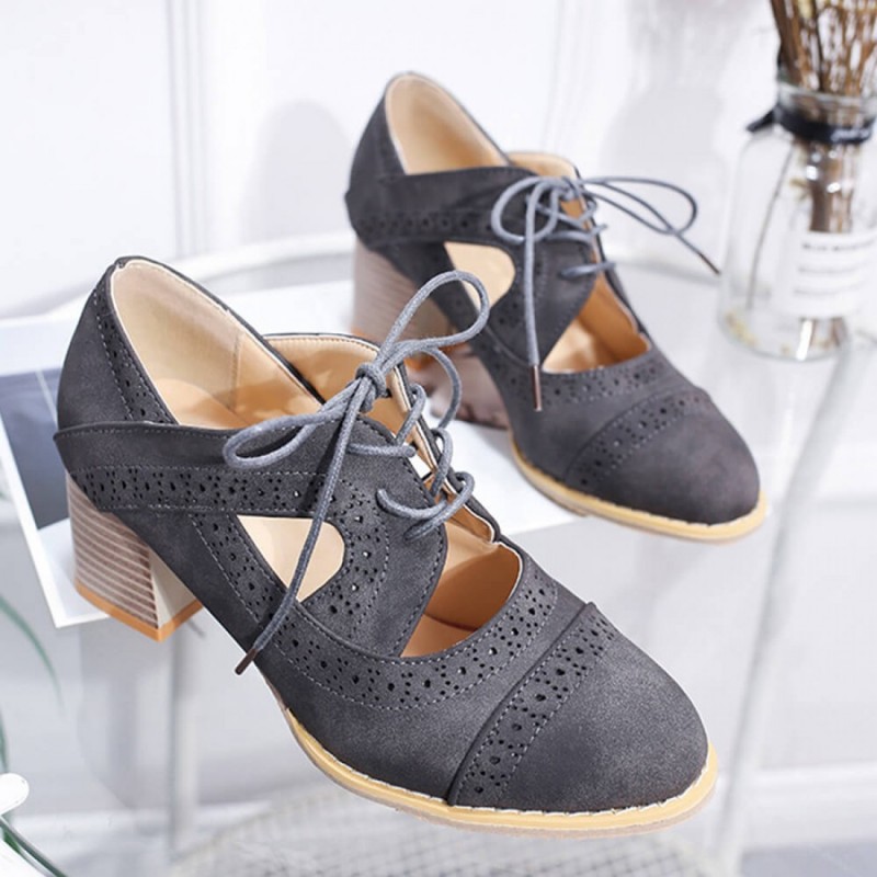 Mid Heeled Breathable Laces Up Leather Women Shoes-Grey image
