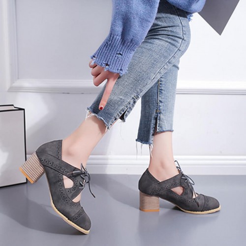 Mid Heeled Breathable Laces Up Leather Women Shoes-Grey image