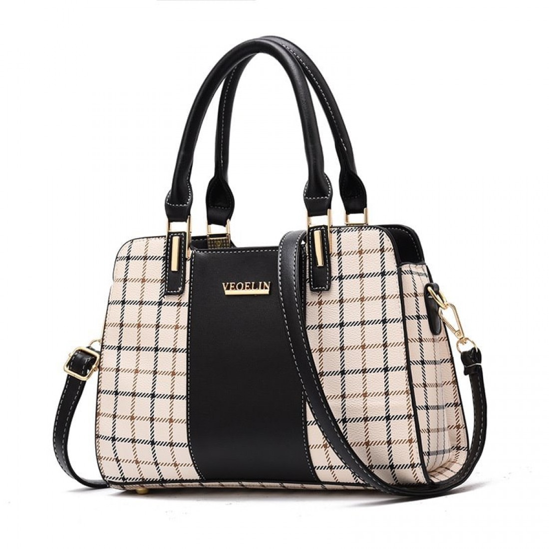 Buy Checkered Print Contrast Stitching Handbag-Black | DressFair.com