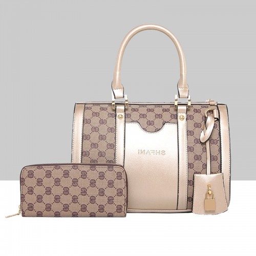 Designer Pattern Contrast Two Piece Handbag Set-Cream image