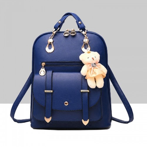Teddy Bear Hanging Stylish Leather Backpack-Blue image