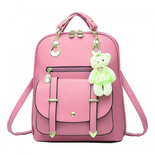 Teddy Bear Hanging Stylish Leather Backpack-Pink image