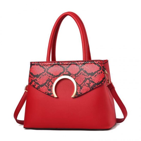 Snake Pattern Zip Closure Tote Shoulder Handbag - Red image